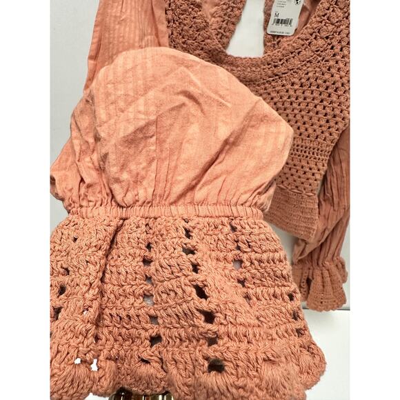FREE PEOPLE Megan Crochet Romantic Puff Sleeve Cutouts Top in Coral Sand Sz M - Picture 11 of 16
